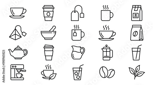 Variety of beverage containers and ingredients a collection of line art icons