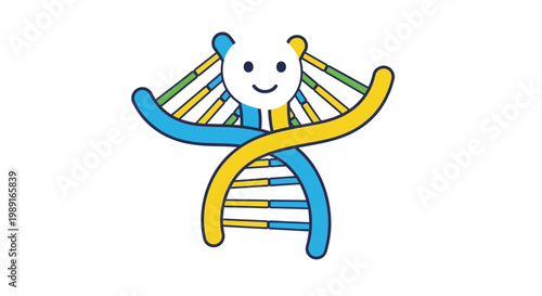 Cute DNA Helix Mascot Illustration with Smiley Face - Friendly Science, Genetics and Biotechnology Concept for Education and Healthcare