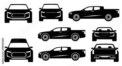 Set of black car silhouettes: front, side, and rear views of modern pickup trucks and SUVs