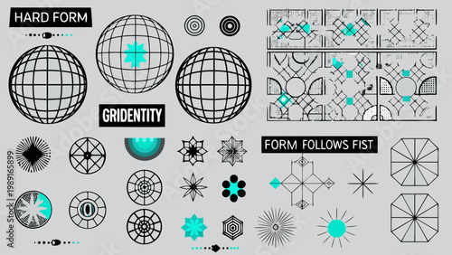 Quadro em tela Abstract geometric design featuring spheres circles and teal accents on a gray b