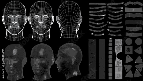 Digital rendering of human heads in wireframe and solid forms with facial feature breakdowns
