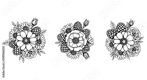 Flowers bouquet set with intricate line art and detailed petals featuring floral, drawing, black and white with artistic and nature elements for