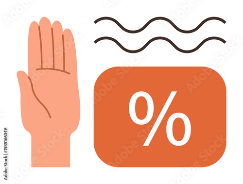 Discounts, savings, communication, offers, negotiation, commerce. A hand alongside a percentage symbol and wavy abstract lines. Discounts and savings concept in visual form