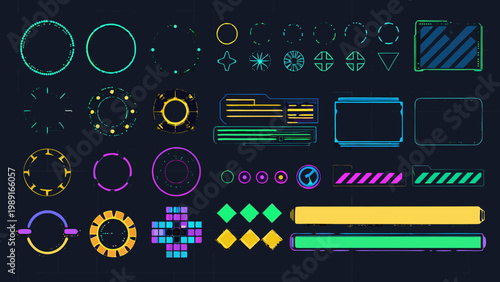 A collection of vibrant neon geometric shapes and digital interface elements