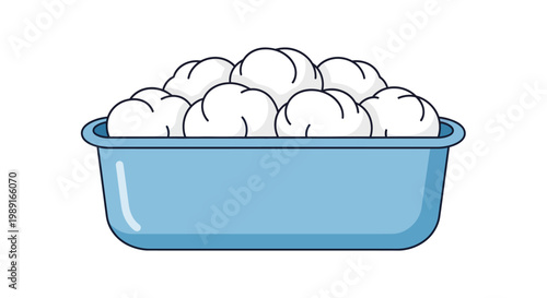 Laundry Basket with Fresh White Clothes Illustration - Clean Blue Basin Full of Folded Cotton Linens Vector Clip Art Isolated on White Background