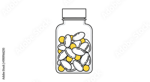 Minimalist Vector Illustration of a Medicine Bottle with Capsules and Yellow Pills