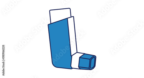 Modern flat illustration of a blue asthma inhaler isolated on a white background, representing respiratory health and medical treatment