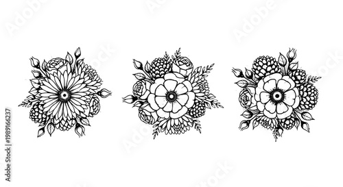 Flower floral bouquet tattoo line art with dark ink petals and leaves, decorative botanical ornament for invitation and wedding design