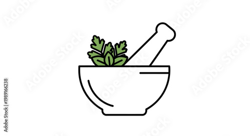Minimalist Illustration of a Mortar and Pestle with Fresh Green Herbs for Natural Medicine and Healthy Cooking