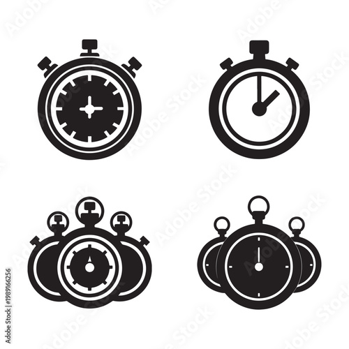 Collection of black and white stopwatch icons in different styles and overlapping positions on white background
