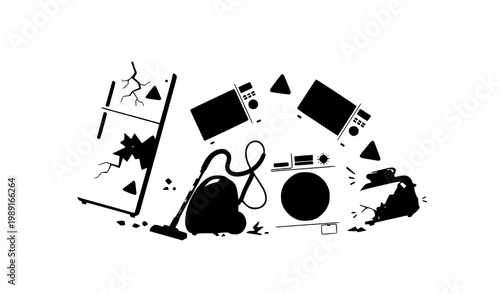 Broken household appliances vector set with damaged electrical kitchen devices for repair and maintenance service illustration concept