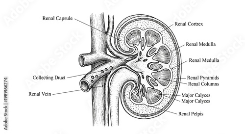 Detailed anatomical illustration of a human kidney cross-section, showcasing complex internal structures for educational and medical understanding, identified as AQ
