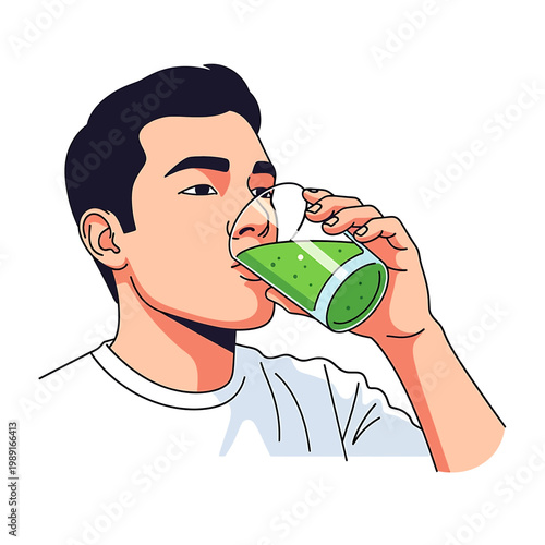 Man drinking green juice from bottle.