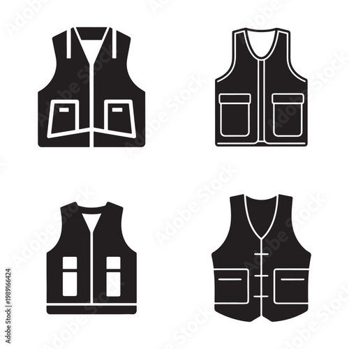 Collection of four different black vest designs with various pocket and closure styles on white background  safety vests  work vests  fashion vests  clothing