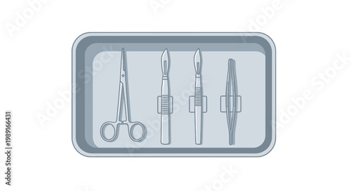 Minimalist Vector Illustration of Surgical Instruments in a Medical Tray: Scalpel, Scissors, and Forceps on White Background. Professional Sterile Medical Equipment Concept.