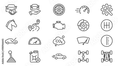 Automotive components and vehicle parts line icons set detailed illustration