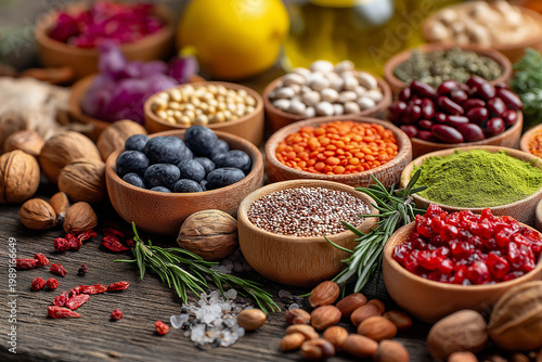 Health food for fitness concept with fruit, vegetables, pulses, herbs, spices, nuts, grains and pulses. High in anthocyanins, antioxidants, smart carbohydrates, omega 3, minerals and vitamins