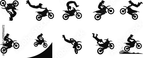 A black vector set of musical symbols and music notes featuring a motocross biker silhouette performing an extreme stunt jump on a bicycle