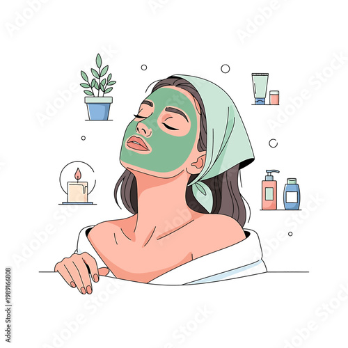Woman wearing green face mask.
