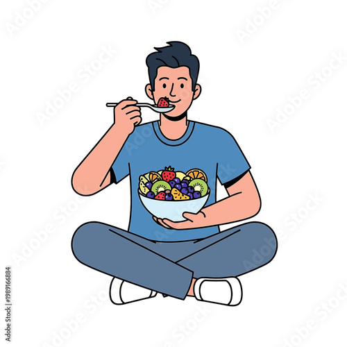 Man eating colorful cereal breakfast.