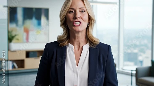 Confident Businesswoman Smiling in Modern Office Environment with Cityscape in Background