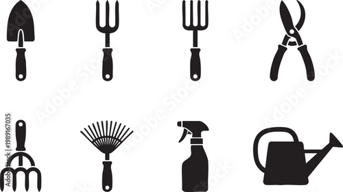 Gardening Tool Silhouette Icons Set