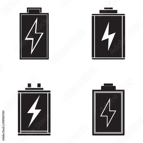 Four battery icons with lightning bolts on them in different styles and orientations on white background