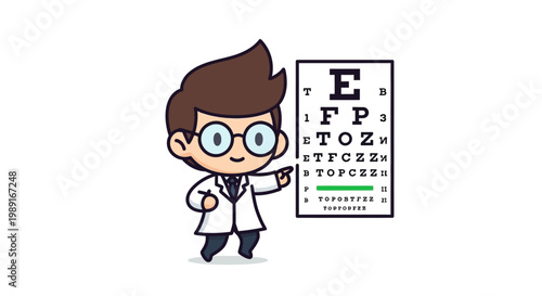 Cute Cartoon Optometrist Doctor Character Pointing to an Eye Chart for Vision Test Examination, Medical Illustration Isolated on White Background