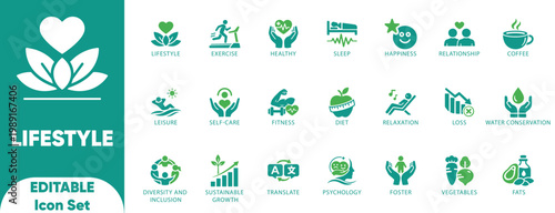 Lifestyle icon set. hobbies, self-care, healthy habits, leisure, daily routines, icon, and solid icons.