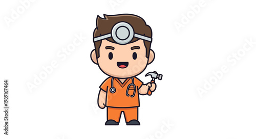Cute Chibi Doctor Character in Orange Scrubs Holding a Hammer, Isolated Orthopedist Cartoon Illustration for Healthcare and Medical Design