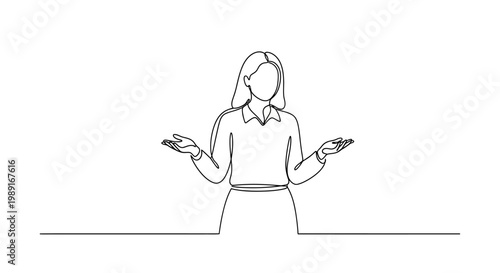 Woman Shrugging Shoulders, Expressing Uncertainty or Confusion, Minimalist Line Art