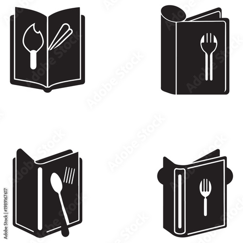 Four black and white icons of books with utensils on covers  cooking and recipe symbols