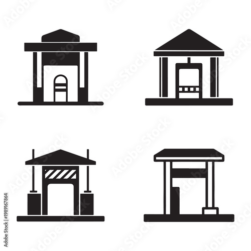 Four black and white icons of different bus stops and train stations with roofs  bus shelter  train station  transportation icons