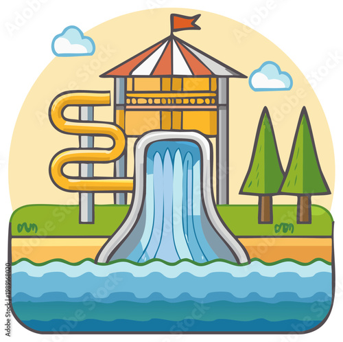 Amusement Park Cartoon Illustration Featuring Water Slide, Pool, and Playful Summer Fun