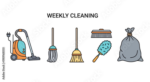 Weekly cleaning tools illustration vacuum cleaner mop broom duster and bag