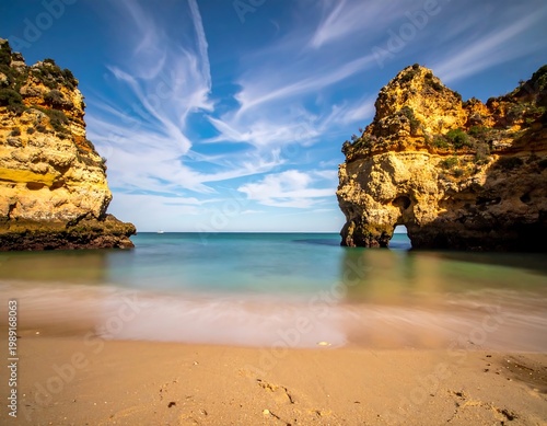 Coastal scene with rock formations, turquoise water, sandy beach and blue sky