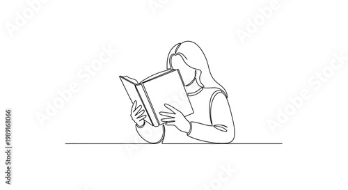 Continuous line drawing of a woman reading a book, minimalist art, elegant and simple illustration