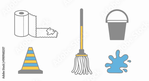 Cleaning supplies collection paper towel mop bucket caution sign cone water