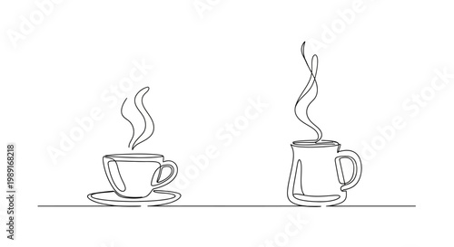 Minimalist Line Art: Steaming Coffee Cups, Hot Beverage, Morning Drink, Cozy Atmosphere