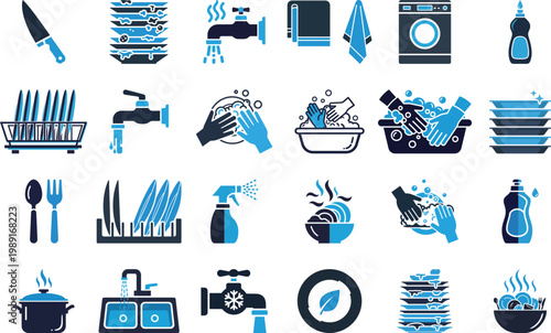 Collection of icons depicting kitchen hygiene and dishwashing tasks including sink faucet plates and soap.