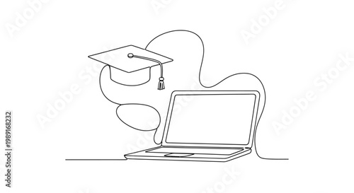 Online Education Concept: Graduation Cap Above Laptop, Digital Learning