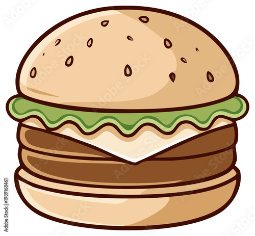 Cartoon burger with meat, cheese, and lettuce on a sesame seed bun in vector art style