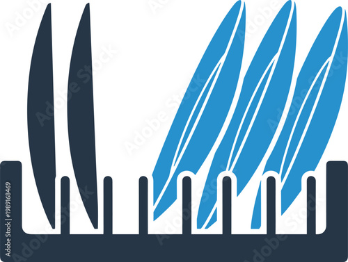 Dish drying rack icon showing wet plates organized for storage in kitchen isolated on transparent background vector design.