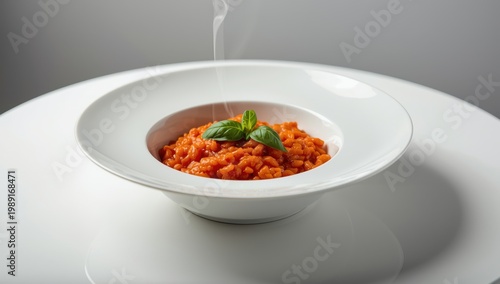 Isolated white table featuring a bowl of tomato risotto topped with basil leaves.