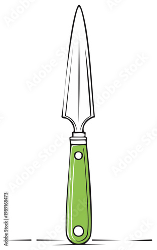 Green handled trowel with sharp pointed blade for gardening and planting