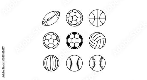 Soccer ball icons set with volleyball, football, and basketball line art for sports stickers and game app badges