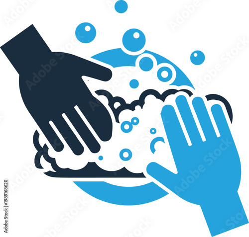Dish washing icon with soapy bubbles and blue human hands scrubbing plate for kitchen hygiene and household cleanup task.