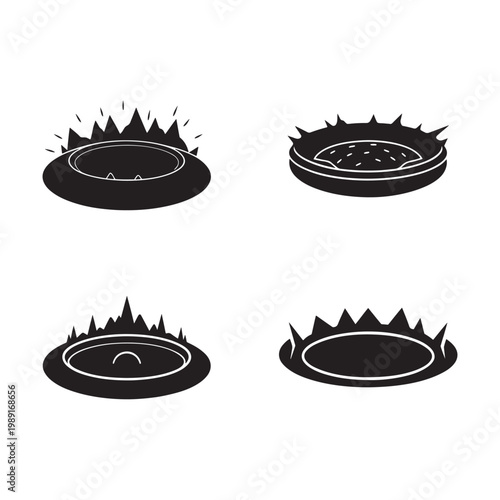 Four black and white illustrations of hamburgers with flames rising from the bottom  isolated on white background