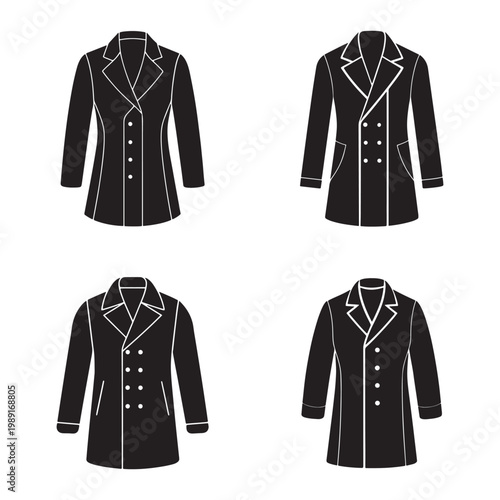 Four black and white jackets with different designs and buttons on a white background