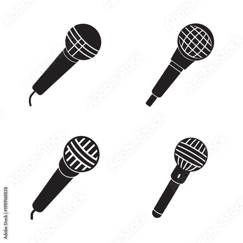 Four black and white microphone icons for music performance and public speaking  various designs and angles on white background